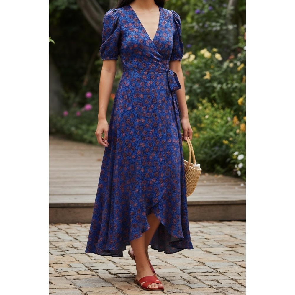 Disney Snow White Maxi Dress Small Blue Red Floral Wrap High Low Cottagecore